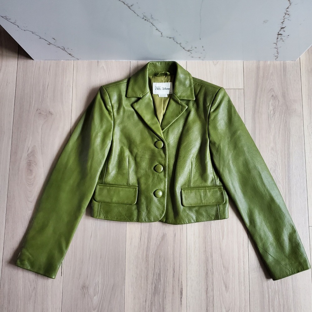 Harry Lambert Jacket Womens XS Green Goat Leather Cropped Zara x Disney